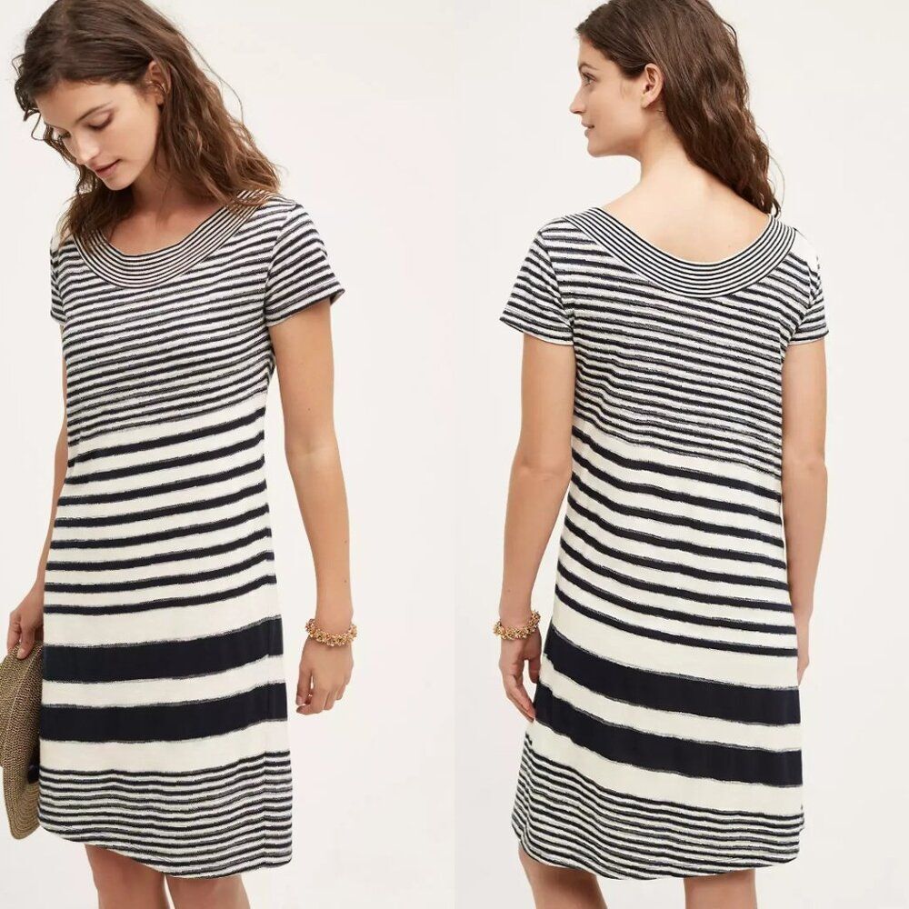 Anthropologie Maeve Womens Black & White Haven Striped Short Sleeve Dress Size S